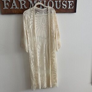 Sheer Lace Crochet Kimono Duster in Cream